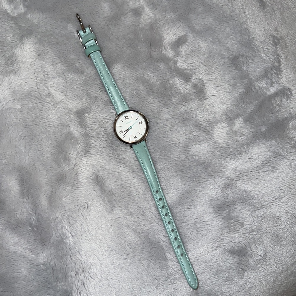 Silver Fossil Mini Jacqueline Three-Hand Teal Blue